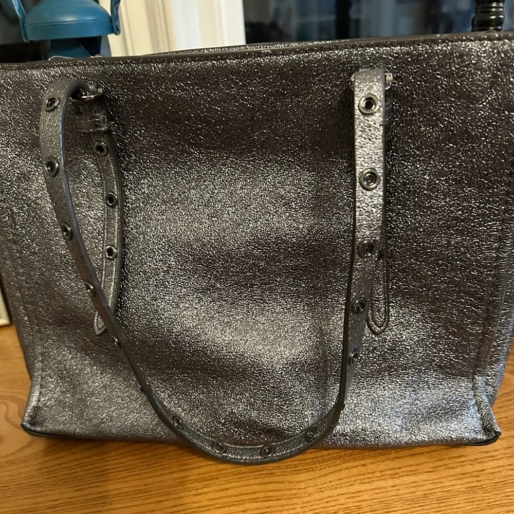 Henri Bendel Metallic Silver Satchel Tote Shoulder/ Crossbody Purse 12x9.5x4.5